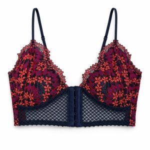 Free People Intimately Lace Longline Bralette Navy Red Sheer Strappy M